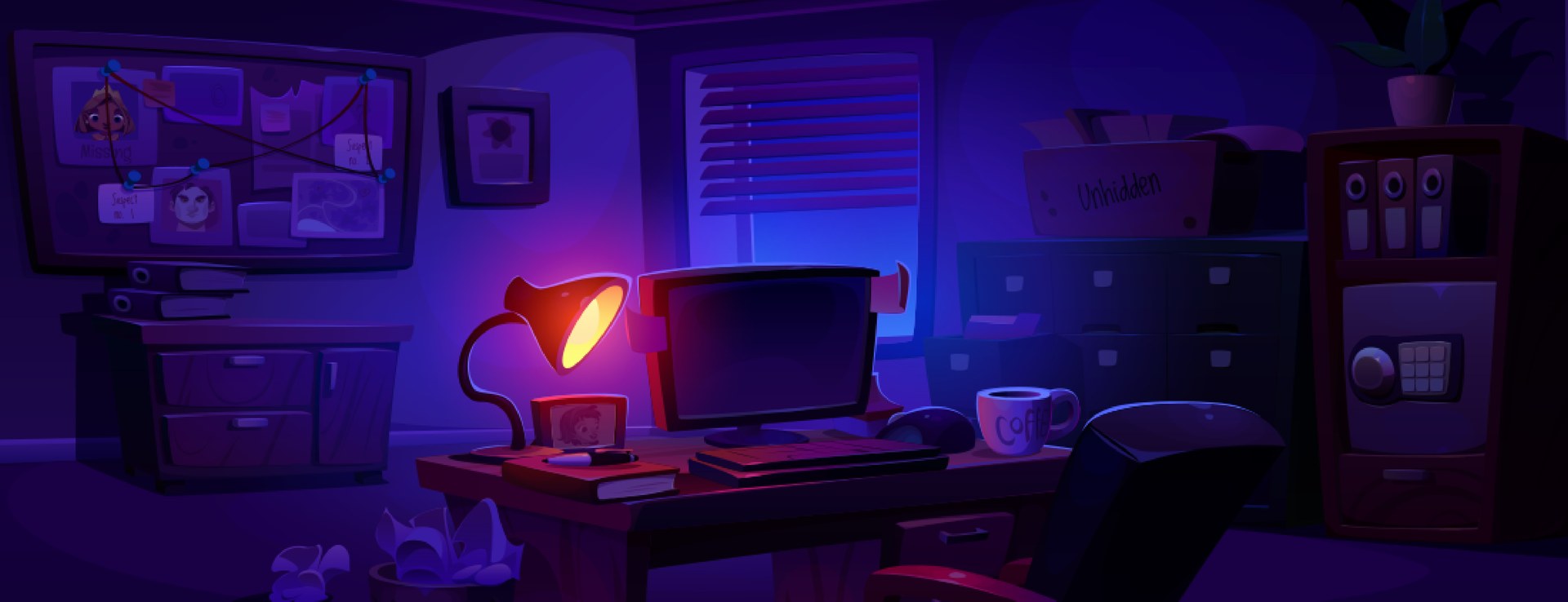 A dim home office desk with a lamp, computer, coffee and an evidence board, illustrating an investigation